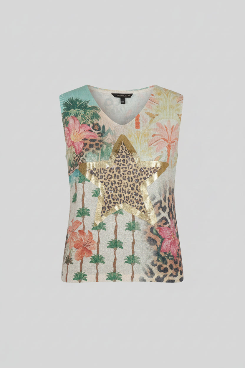 Sleeveless top with tropical and leopard print design on a light gray background