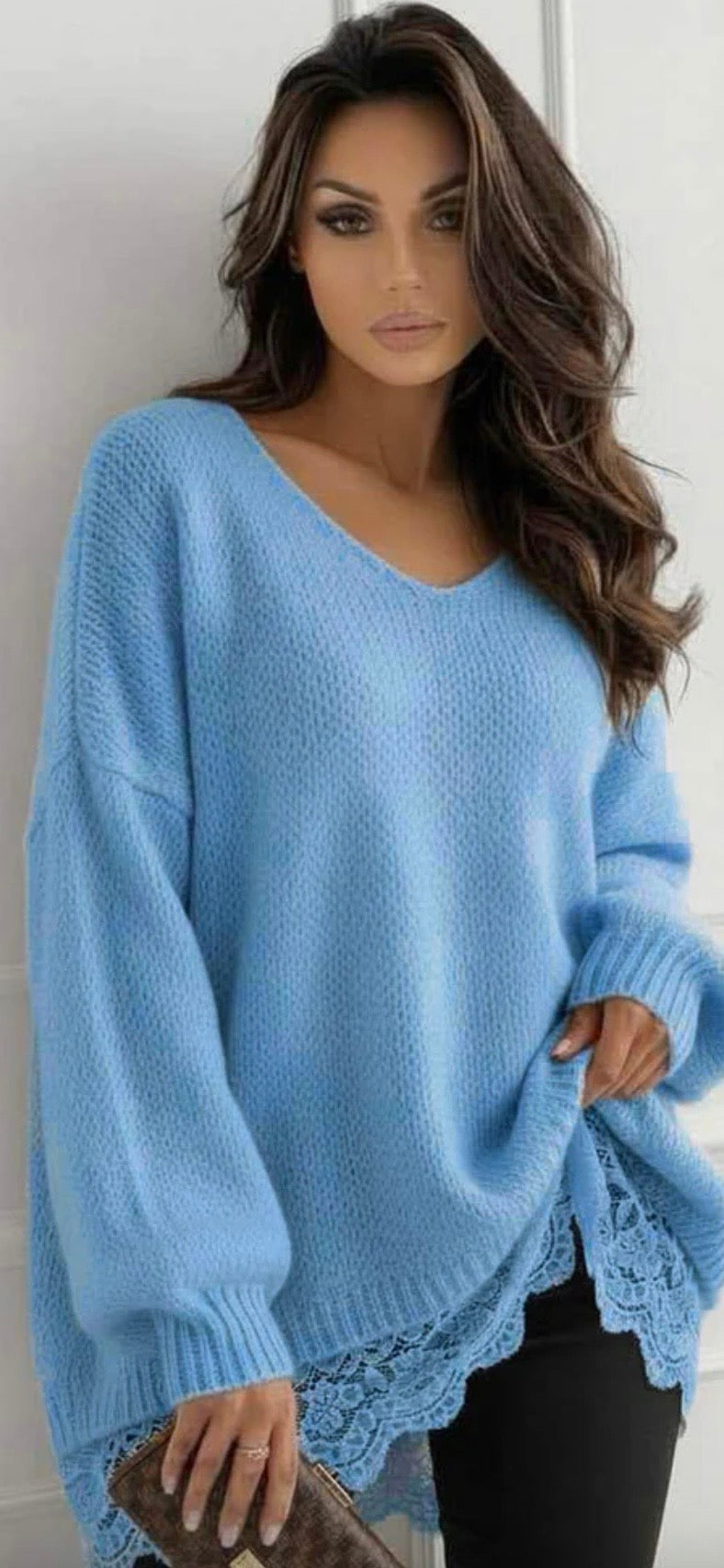 Sola Oversized Lace Hem V Neck Jumper