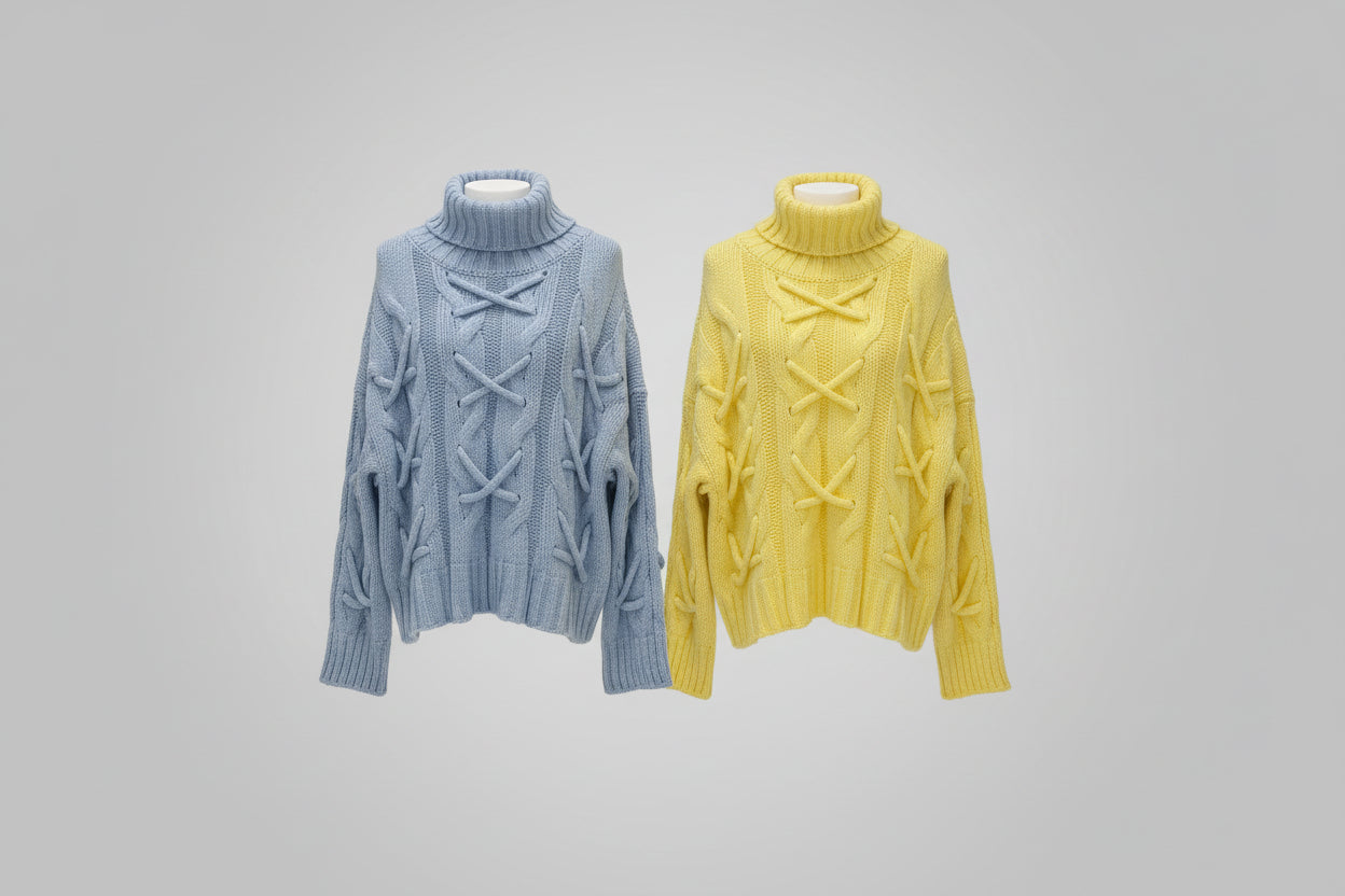 Luxury Chunky Cable Knit Jumper - Braided Sleeve Lace-Up Detail