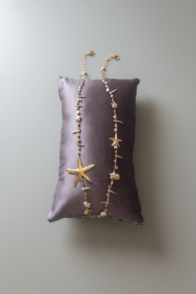Gold Starfish & Shell Beaded Long Necklace