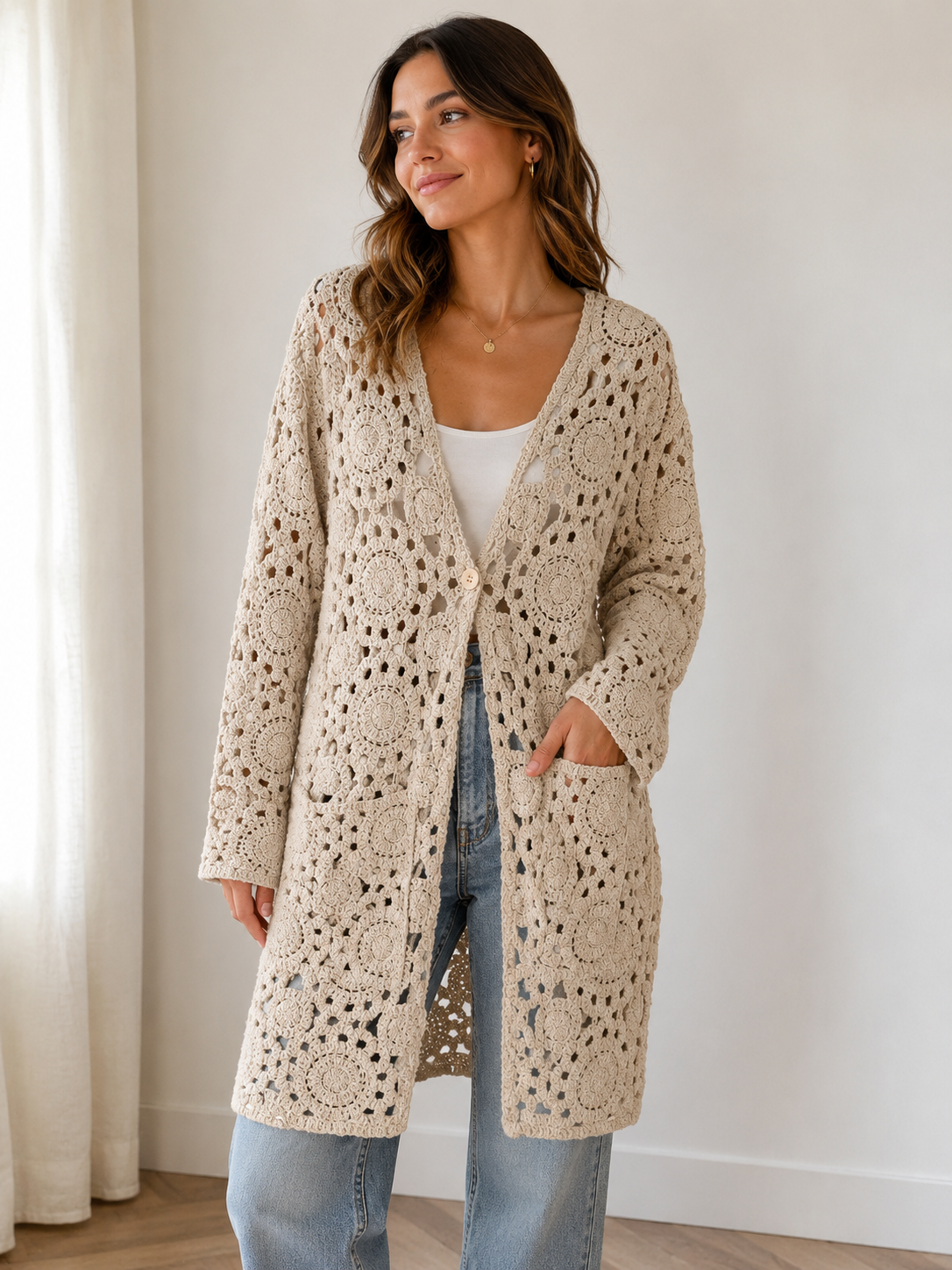 A woman wearing a long, open-front crochet cardigan with button down front in a warm cream or beige color, styled over a white tank top and light blue jeans, standing in a brightly lit room with a white curtain and wall.