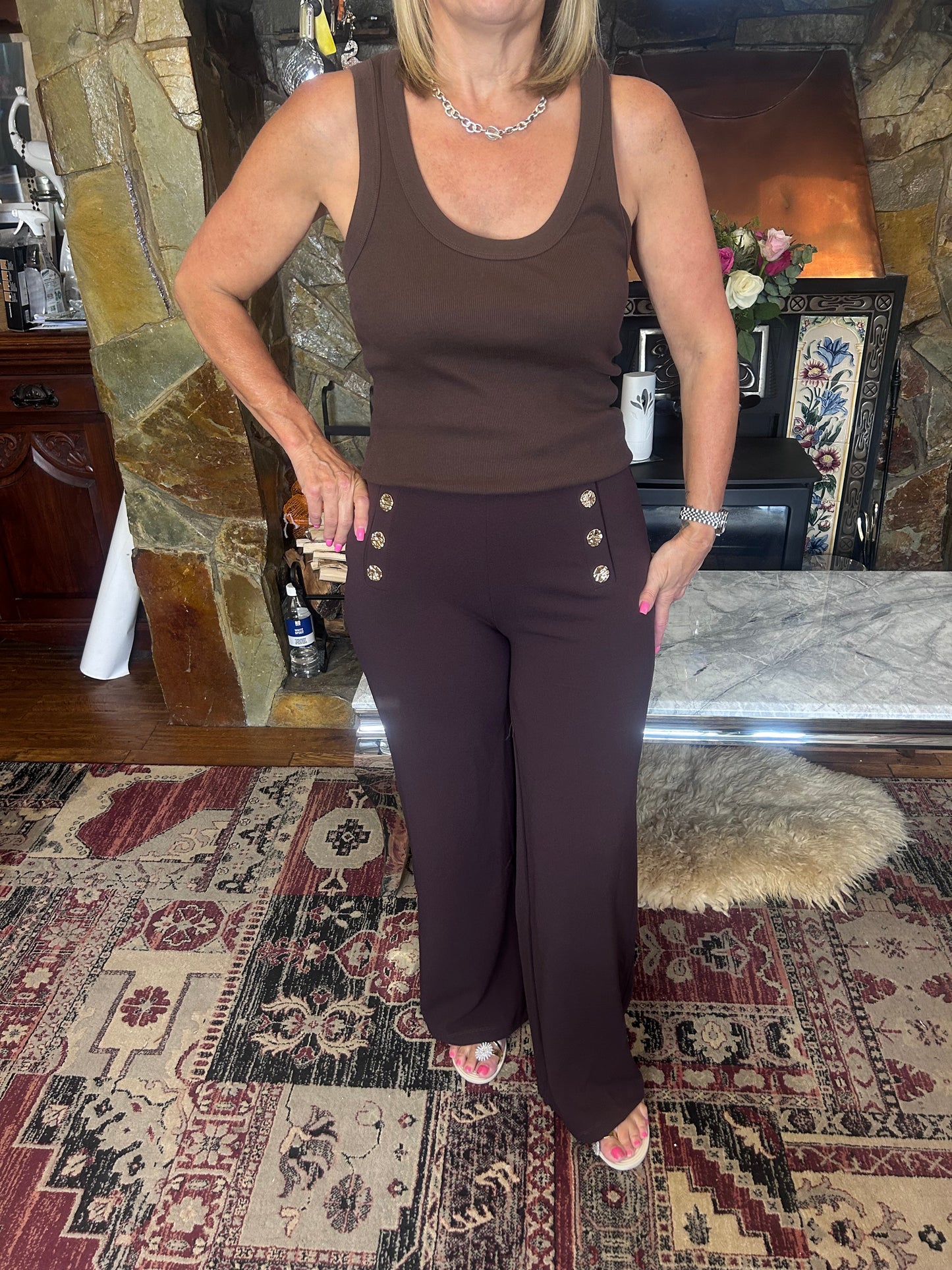 Button detail wide leg trousers
