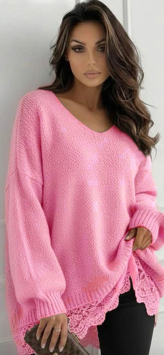 Sola Oversized Lace Hem V Neck Jumper