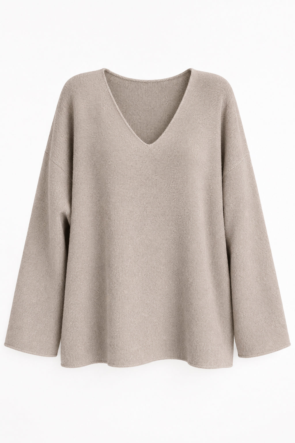A light beige knit sweater with a V-neck and three-quarter sleeves, hanging on a black hanger against a white paneled wall. The brand name 'ITALY' is visible on the neck tag.