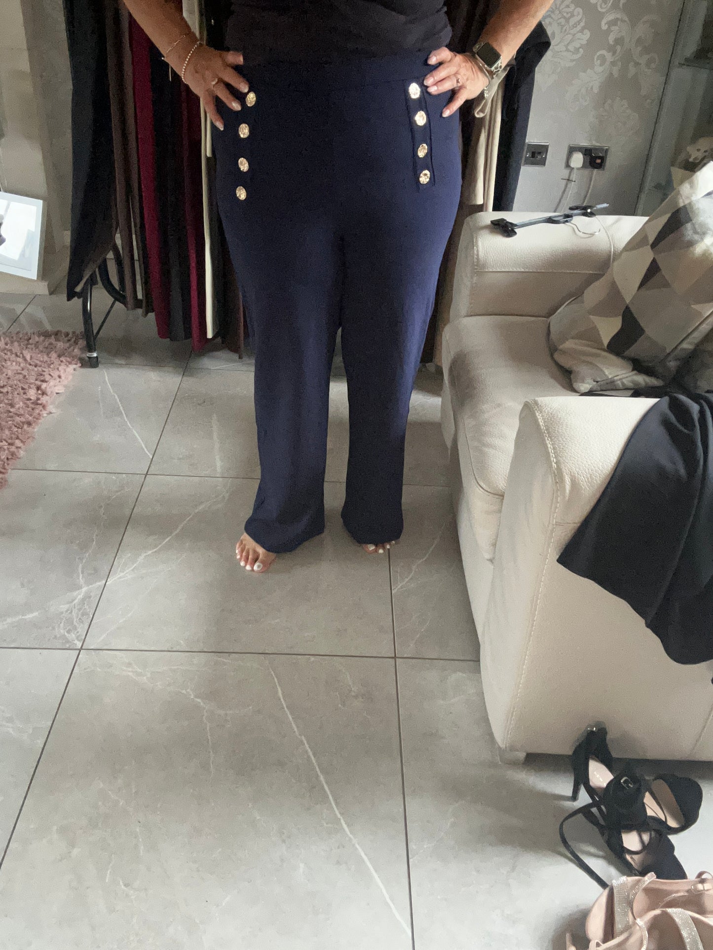 Button detail wide leg trousers