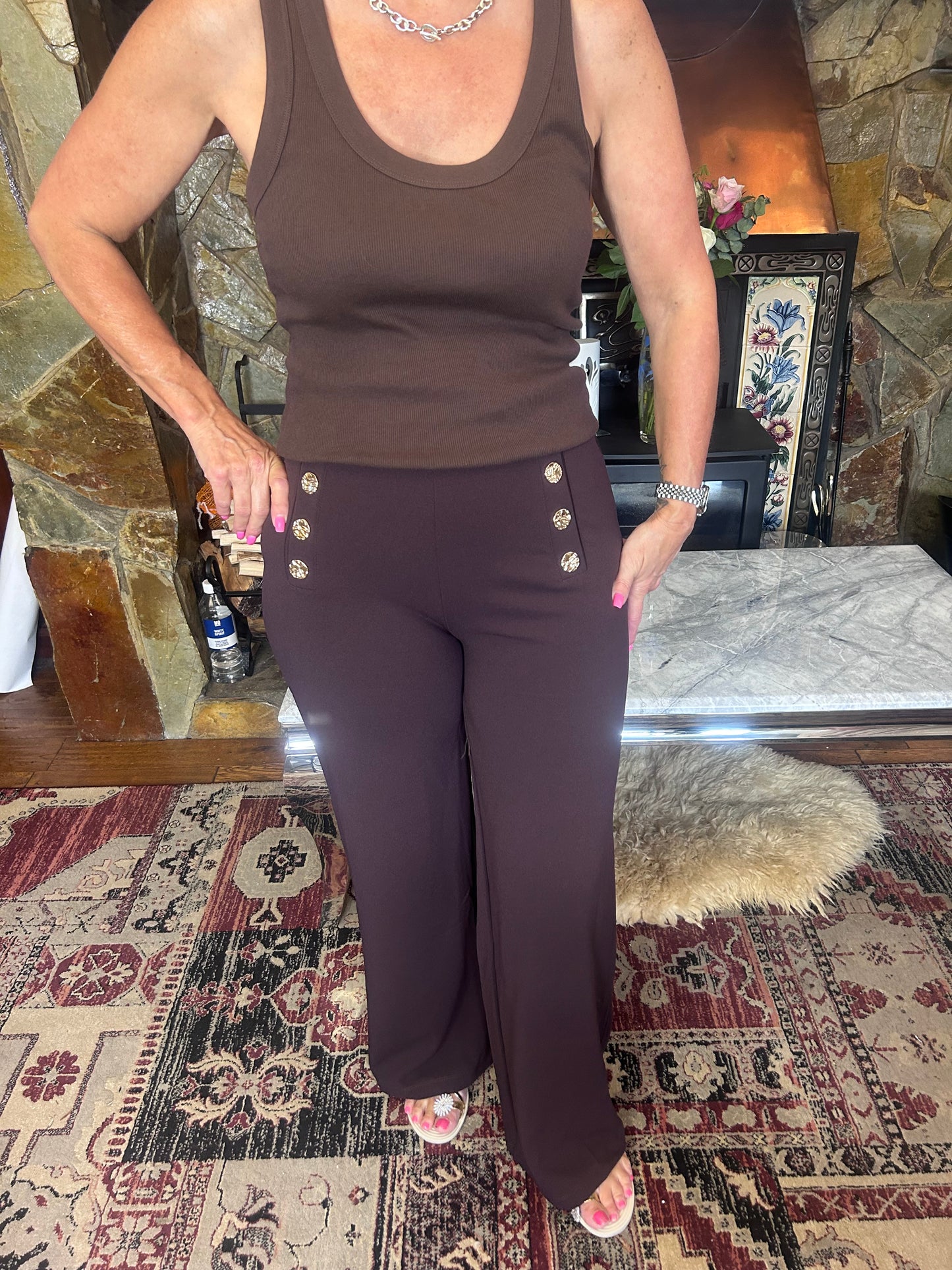 Button detail wide leg trousers