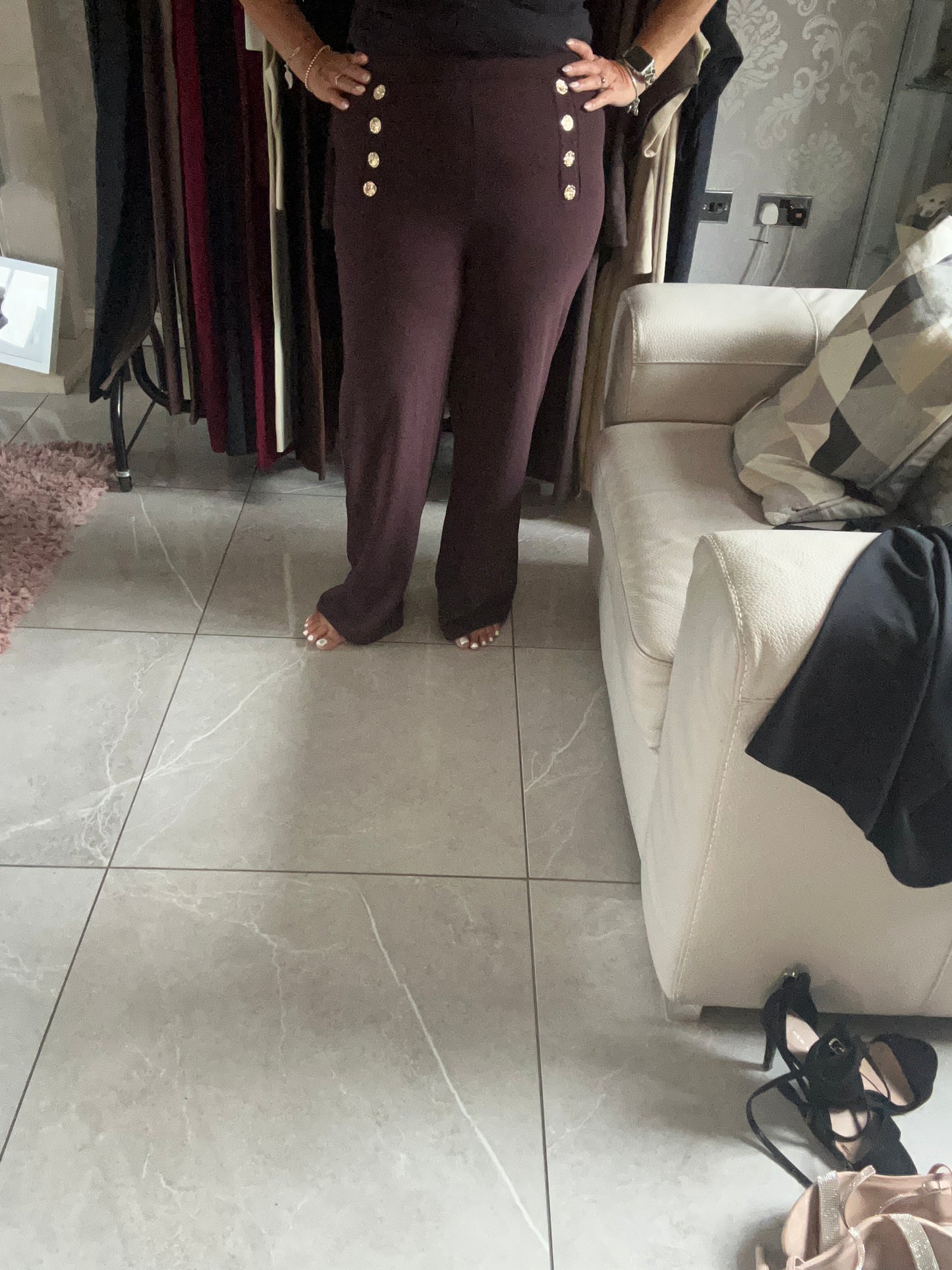 Button detail wide leg trousers