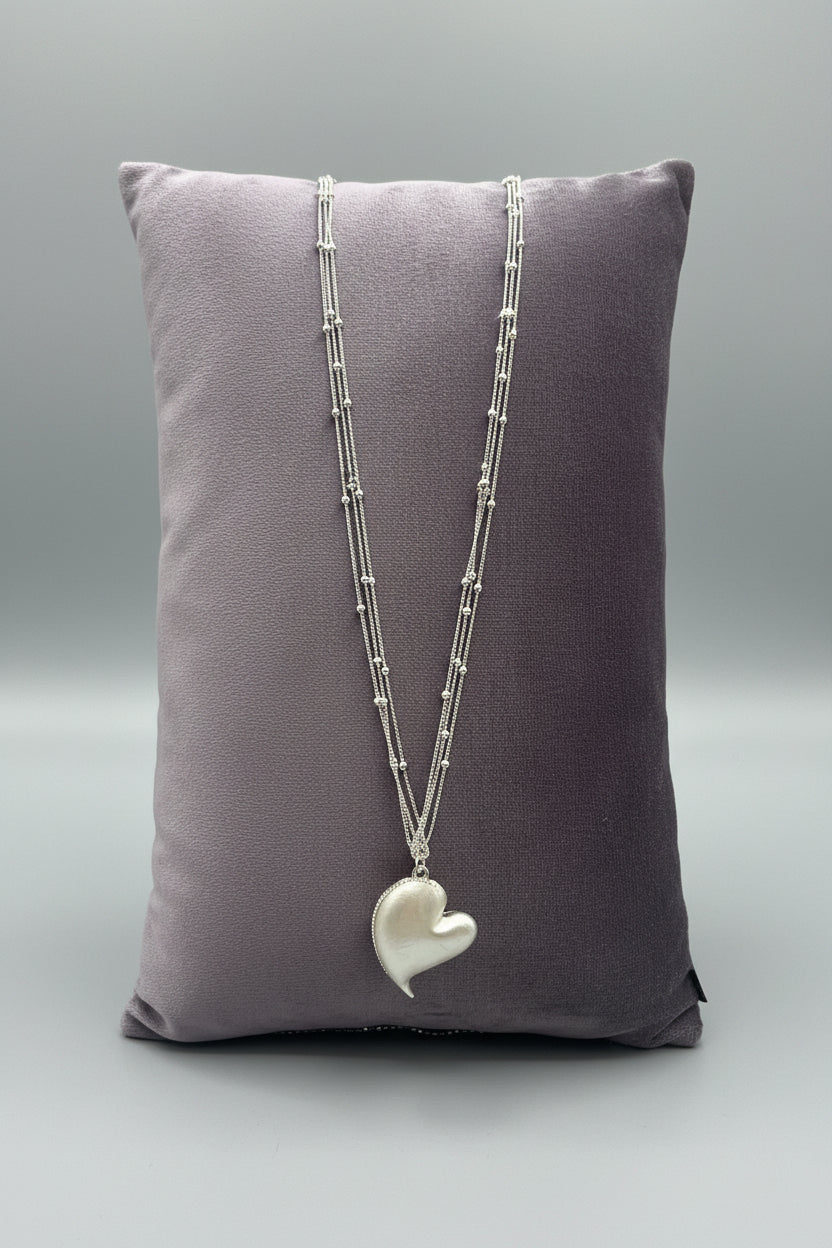 Oversized Pearlescent Heart Pendant Multi-Strand Ball Chain Necklace