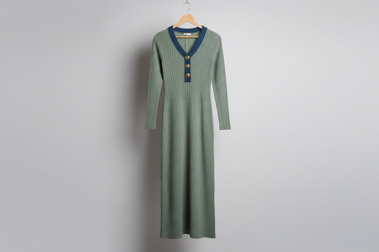 Knitted Denim Button Dress