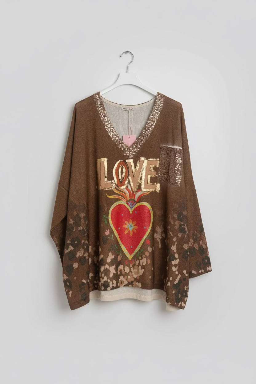 Brown shirt with 'LOVE' and heart design on a hanger against a white background