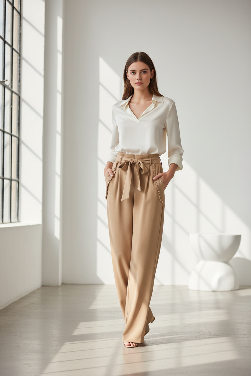 Woman wearing tie front trousers