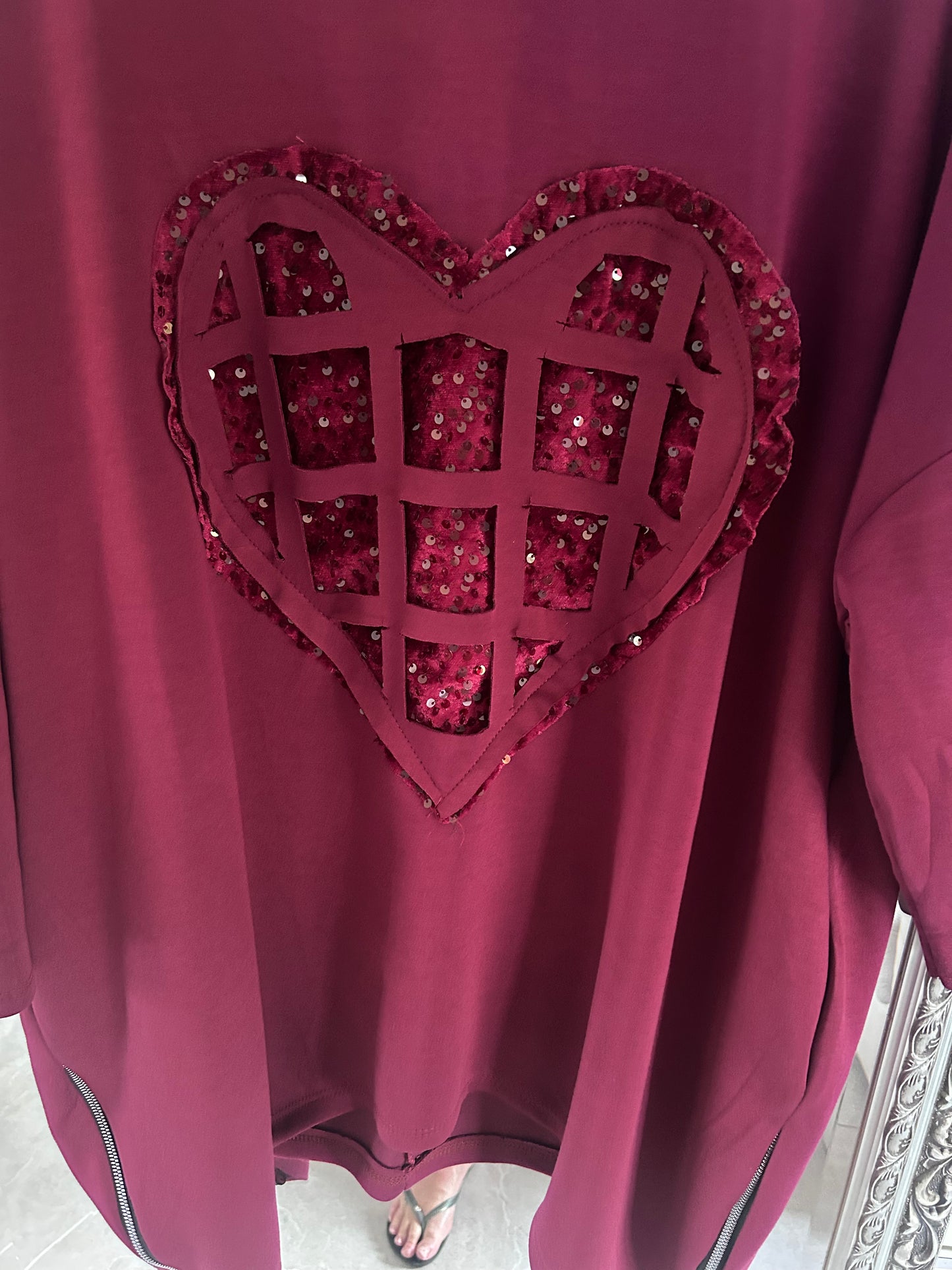 Lowan Sequin Heart Scuba Top - Festive Asymmetric Sweater