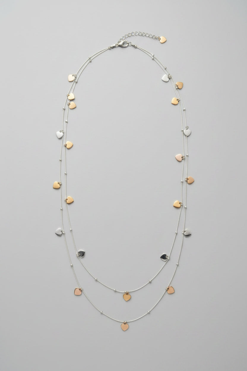 Mixed Metal Heart Charm Double Strand Long Necklace
