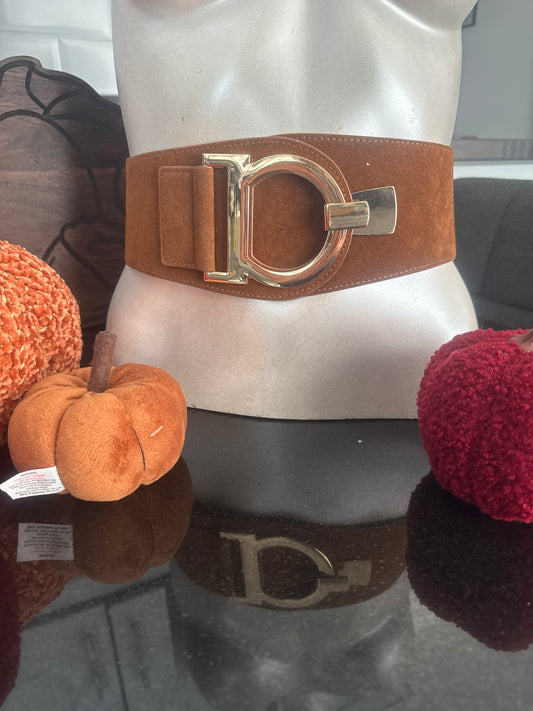Wide elastic back gold clasp belt