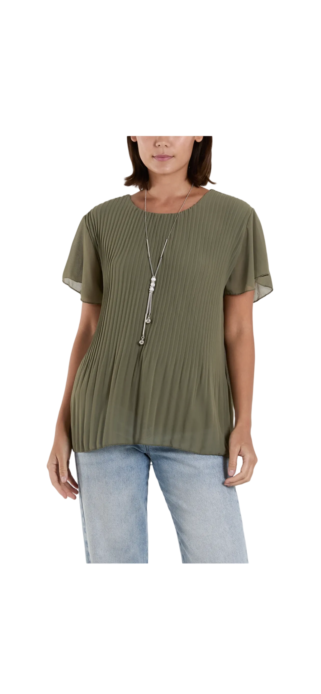 A woman wearing a short-sleeve olive green pleated top and light wash blue jeans, shown from the neck down against a plain white background.