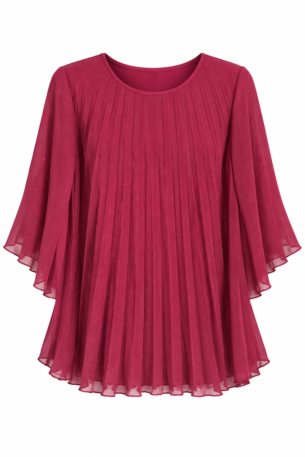 A pleated magenta pink blouse hanging on a black hanger against a white paneled wall. The blouse features a round neckline, three-quarter sleeves, and a tiered, pleated skirt.
