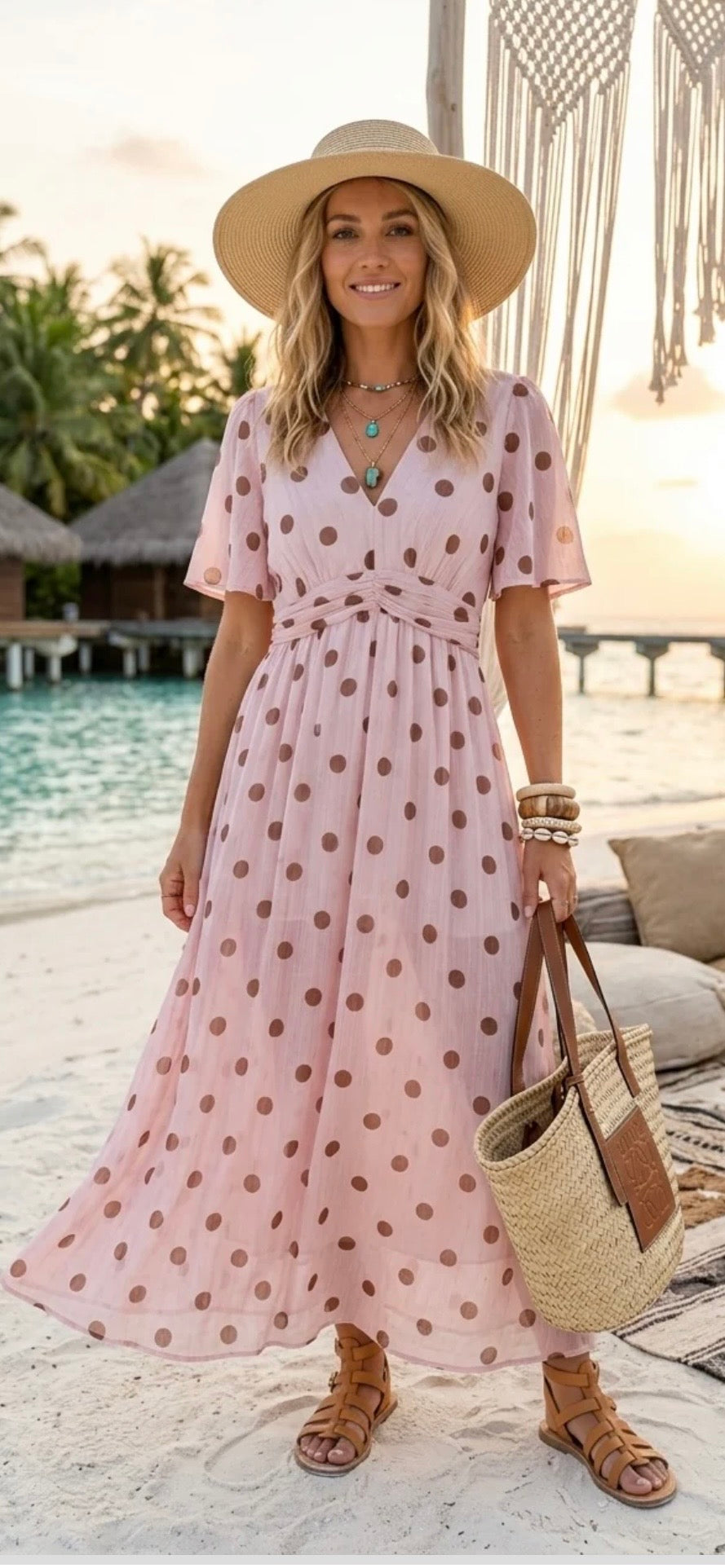 Woman in a pink polka dot dress with a straw hat and bag on a beach.