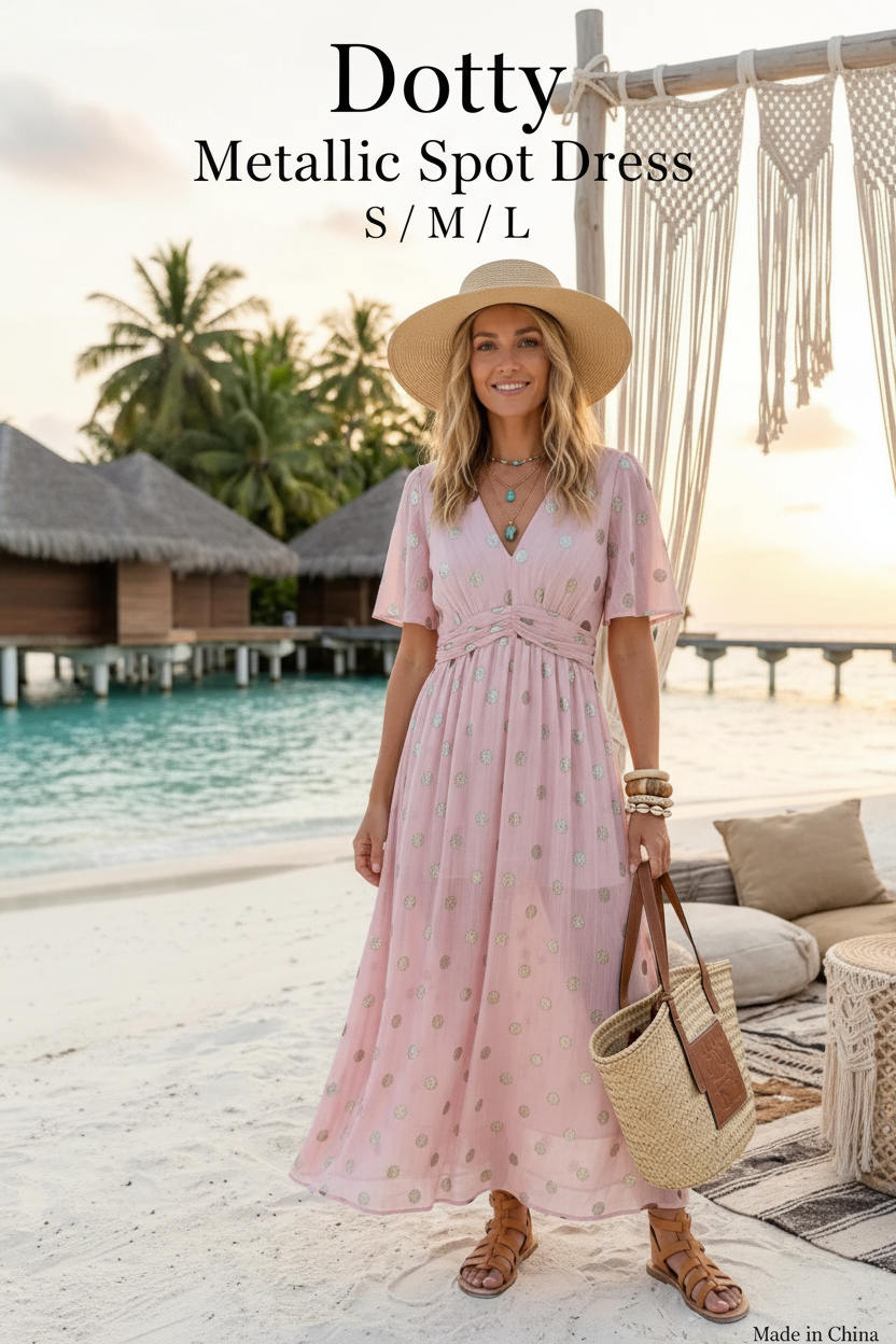 Woman wearing a pink dress with a beach setting and palm trees in the background