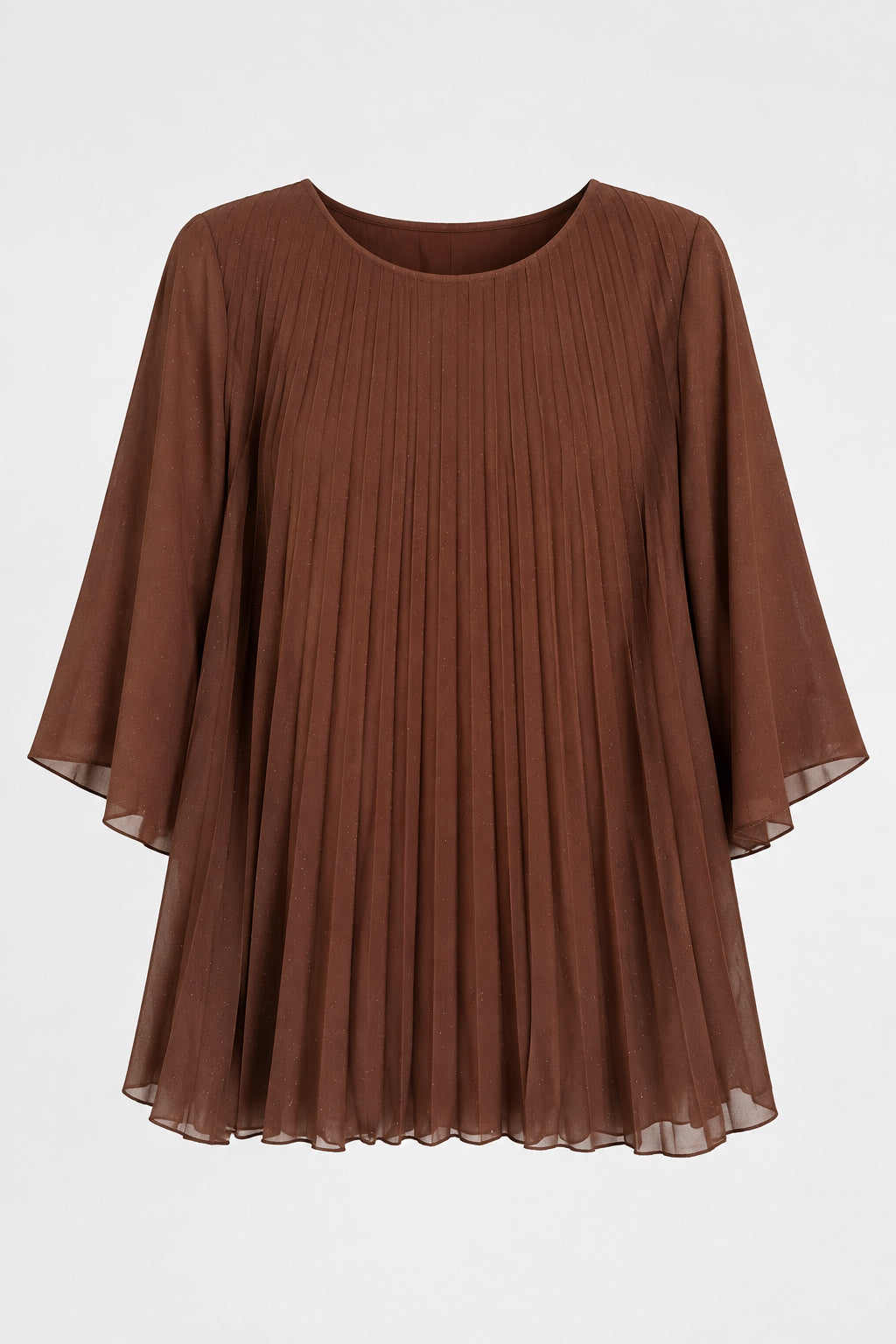 A brown pleated long-sleeve top hanging on a black hanger against a white paneled wall.