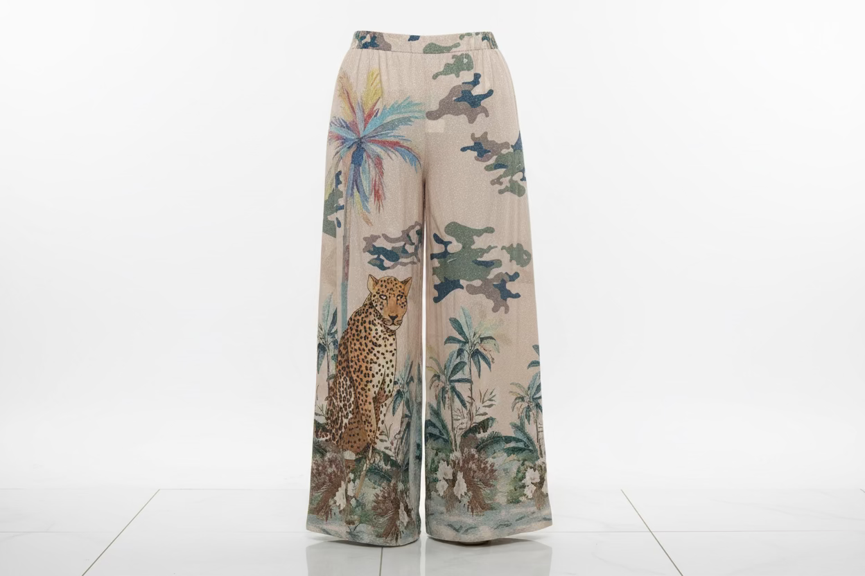 Wide-leg pants with a tropical animal print on a white background