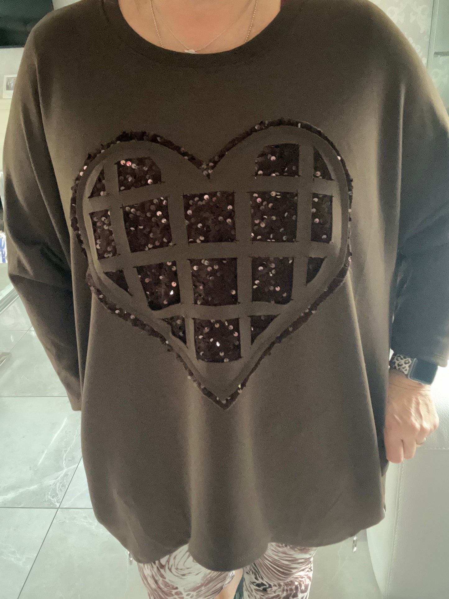Lowan Sequin Heart Scuba Top - Festive Asymmetric Sweater