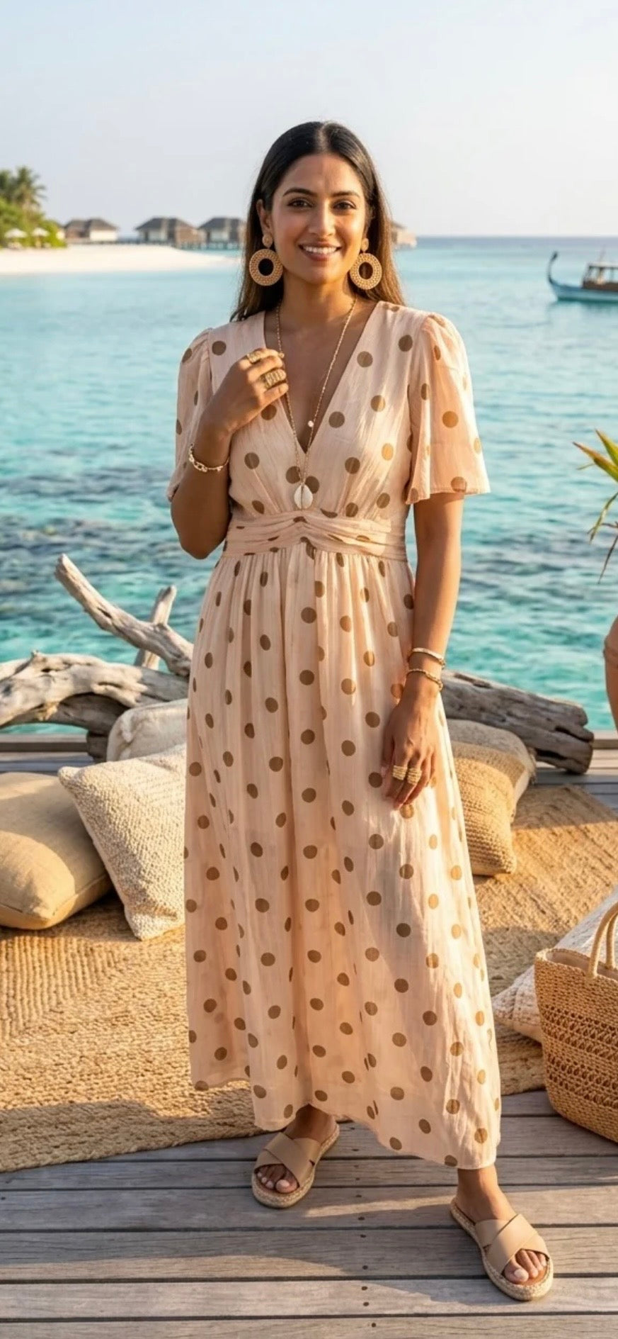 Woman in a polka dot dress standing by the ocean with a boat in the background.