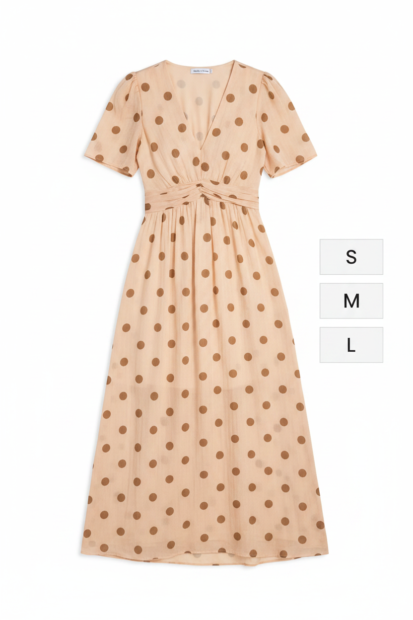 Beige dress with brown polka dots on a white background