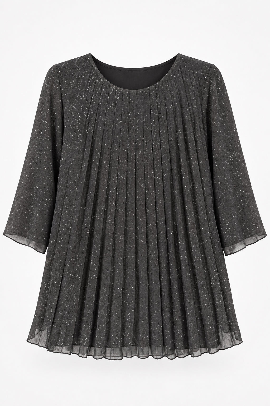 A dark brown sheer pleated tunic top with three-quarter sleeves, hanging on a black hanger against a white paneled door.