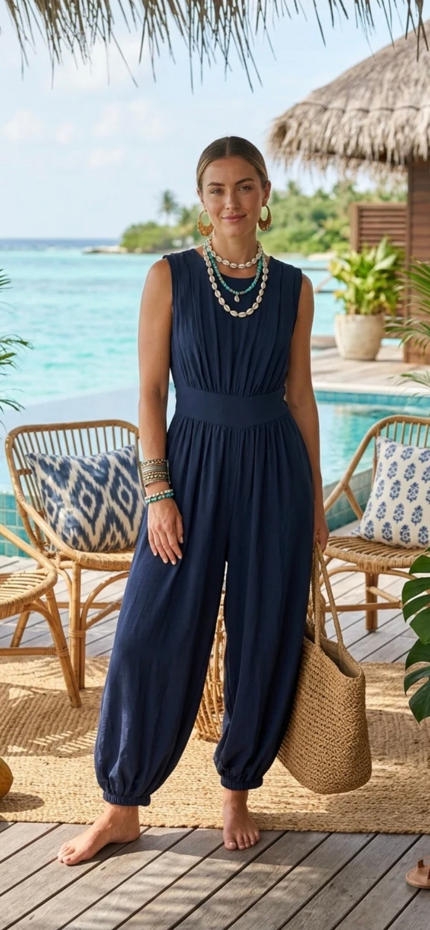 Woman in a navy blue jumpsuit standing on a wooden deck with a tropical background.