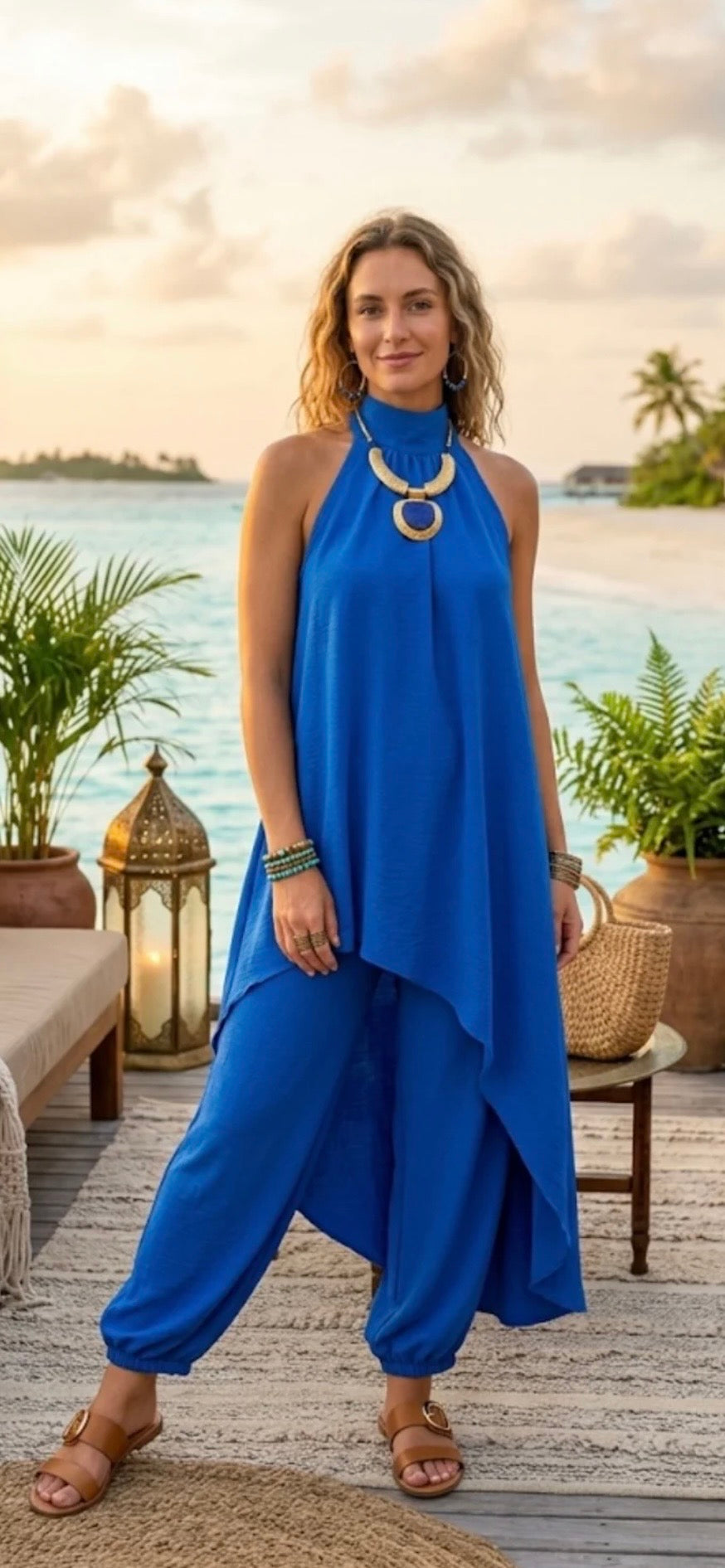Woman in a blue dress standing on a wooden deck with a scenic background