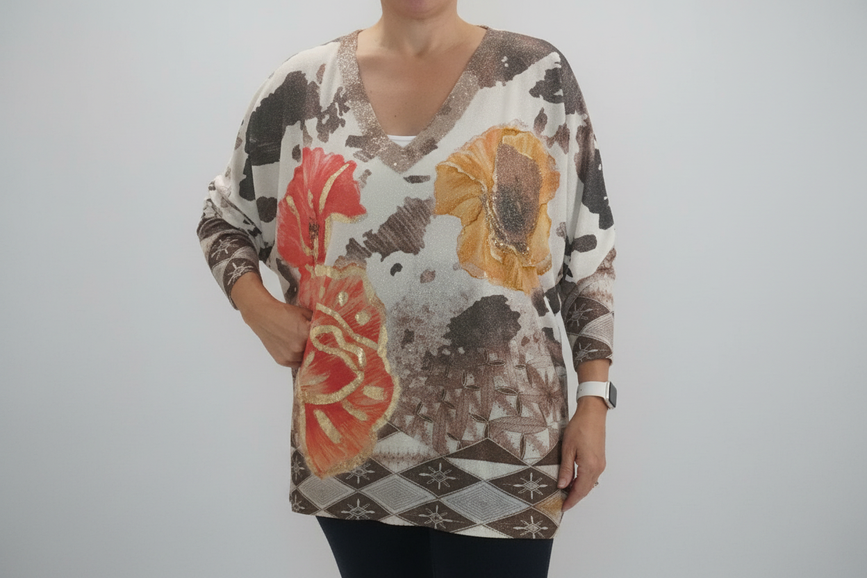 Person wearing a floral patterned shirt with a plain background
