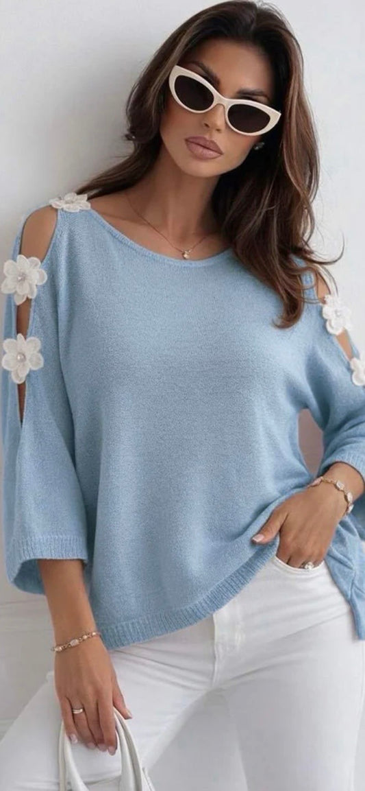 Emma Floral Applique Cold shoulder lightweight Open knit Top