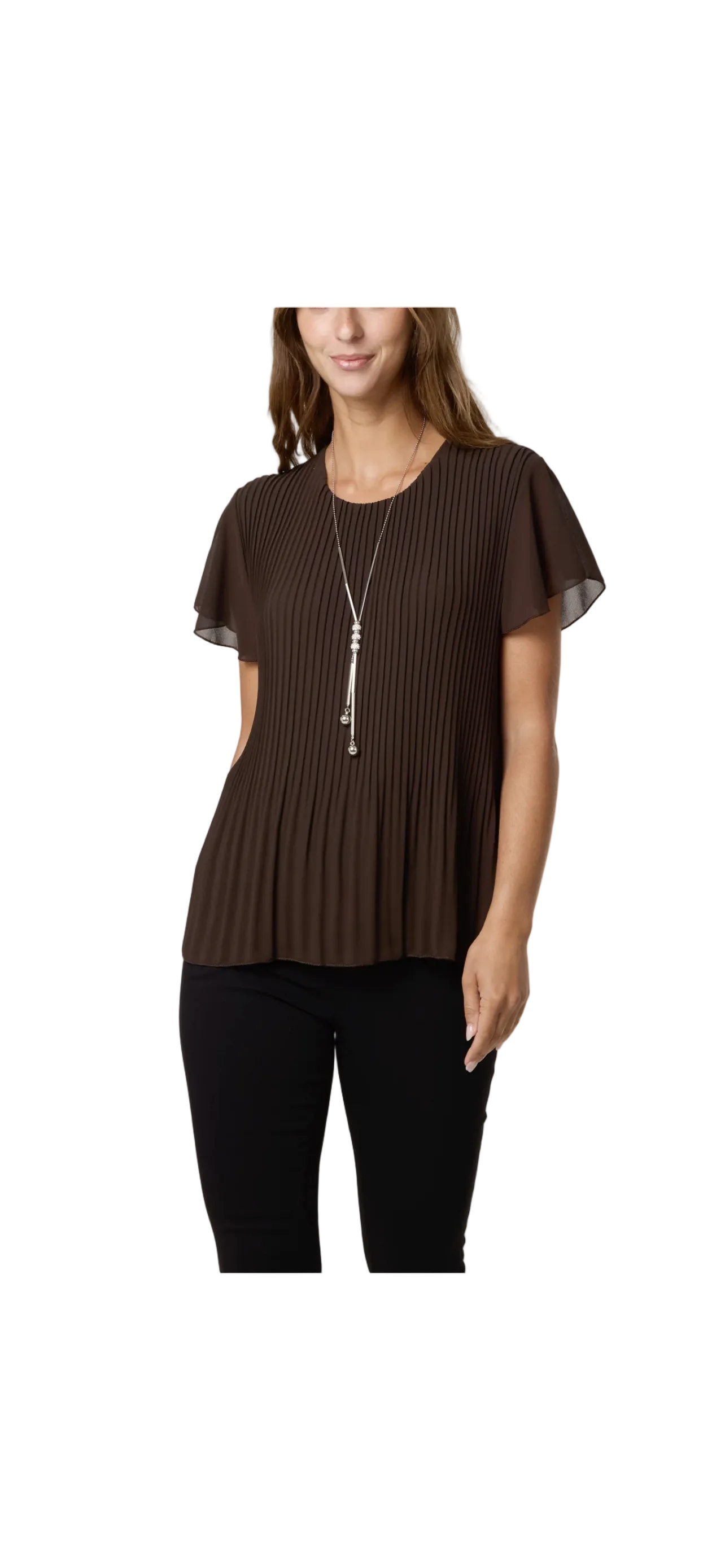 A woman wearing a dark brown short-sleeve top with vertical pleating and black pants, shown against a plain white background.