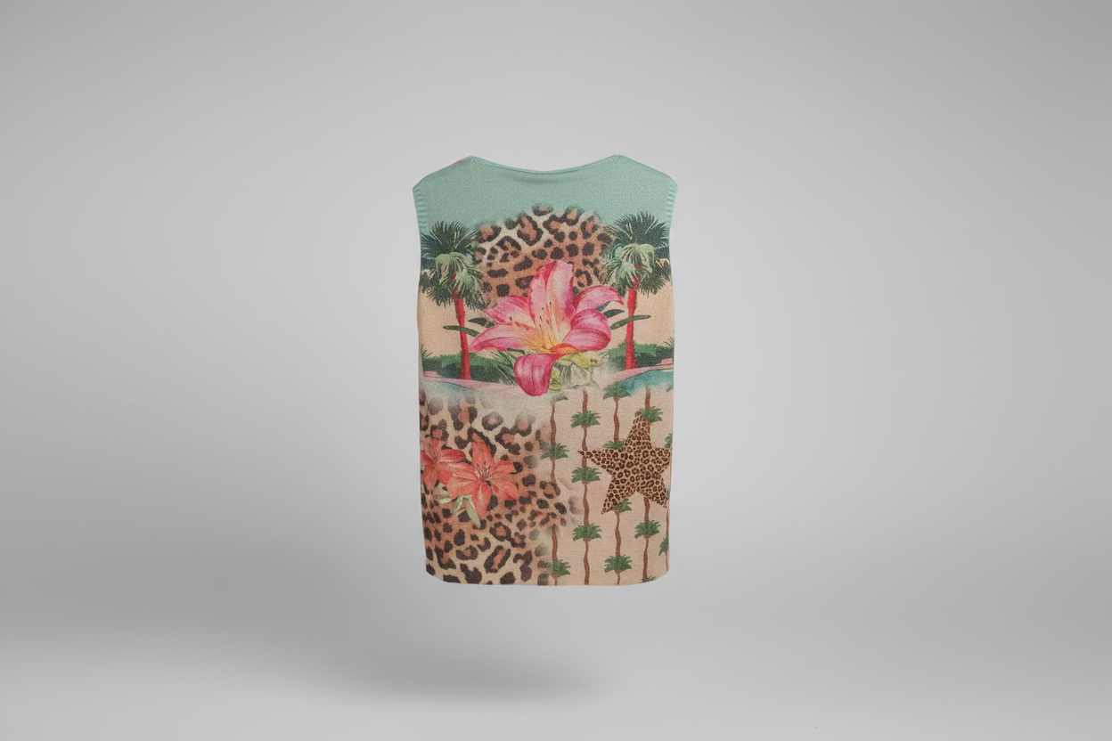Sleeveless top with floral and leopard print design on a gray background