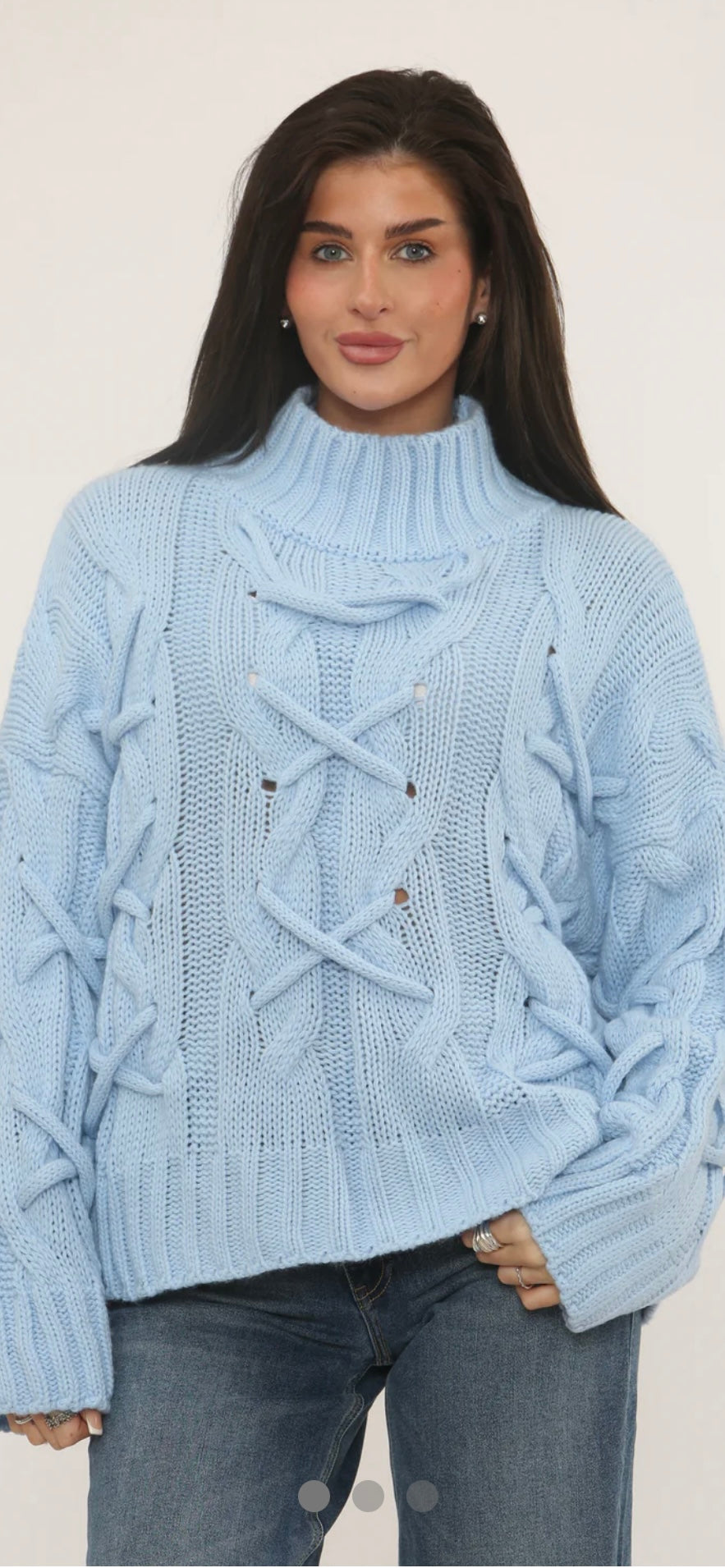 Luxury Chunky Cable Knit Jumper - Braided Sleeve Lace-Up Detail