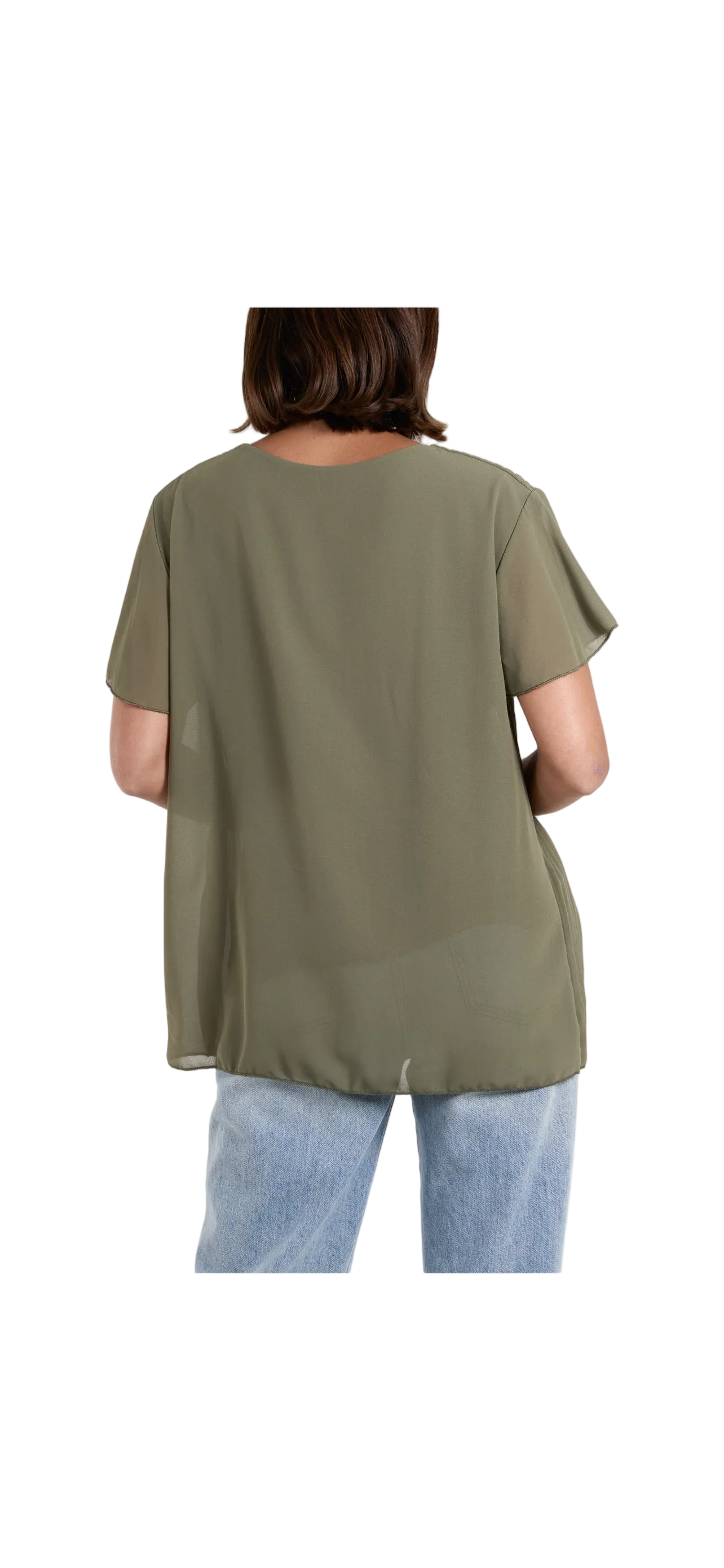 A woman viewed from the back wearing a loose, short-sleeve olive green top and light blue jeans against a plain white background.