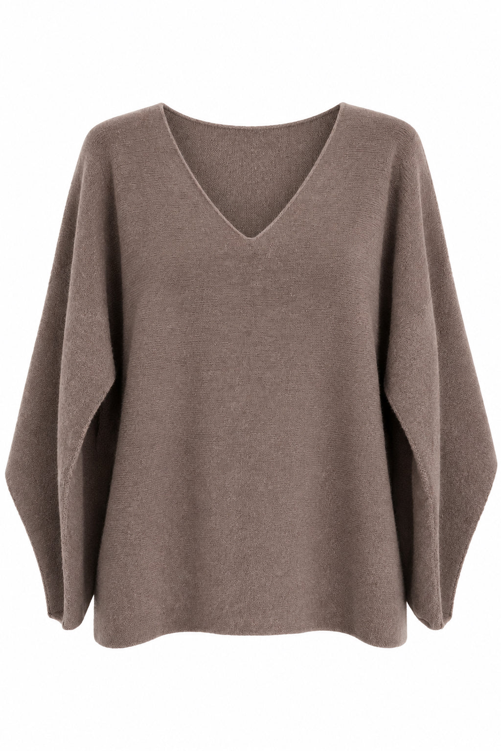 A taupe brown knit sweater with a V-neck and long sleeves, hanging on a black hanger against a white paneled wall. A white brand tag reading 'ITALY' is visible inside the neckline.