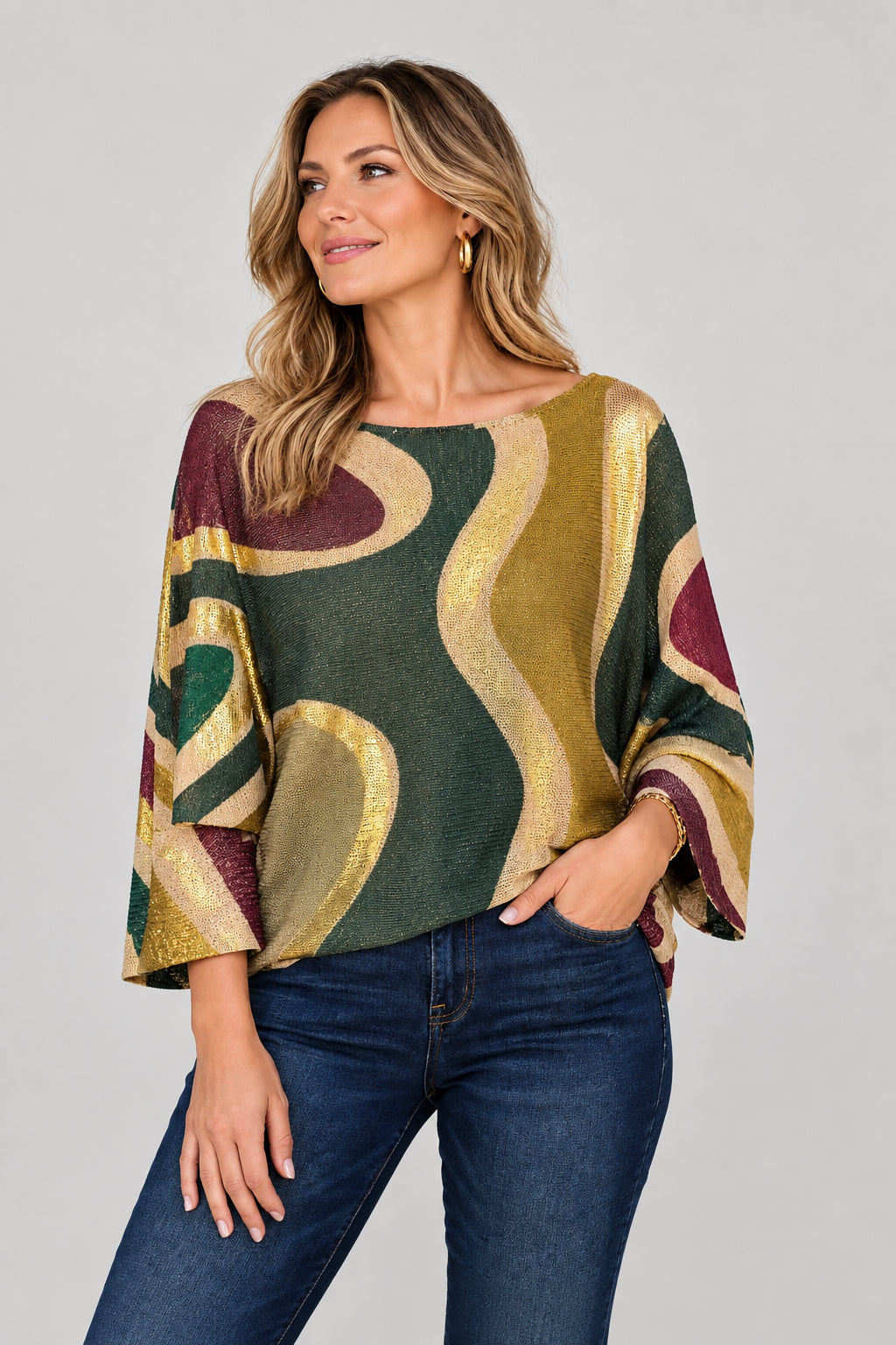 The Amalfi Gold Wave Batwing fine knit Mesh jumper