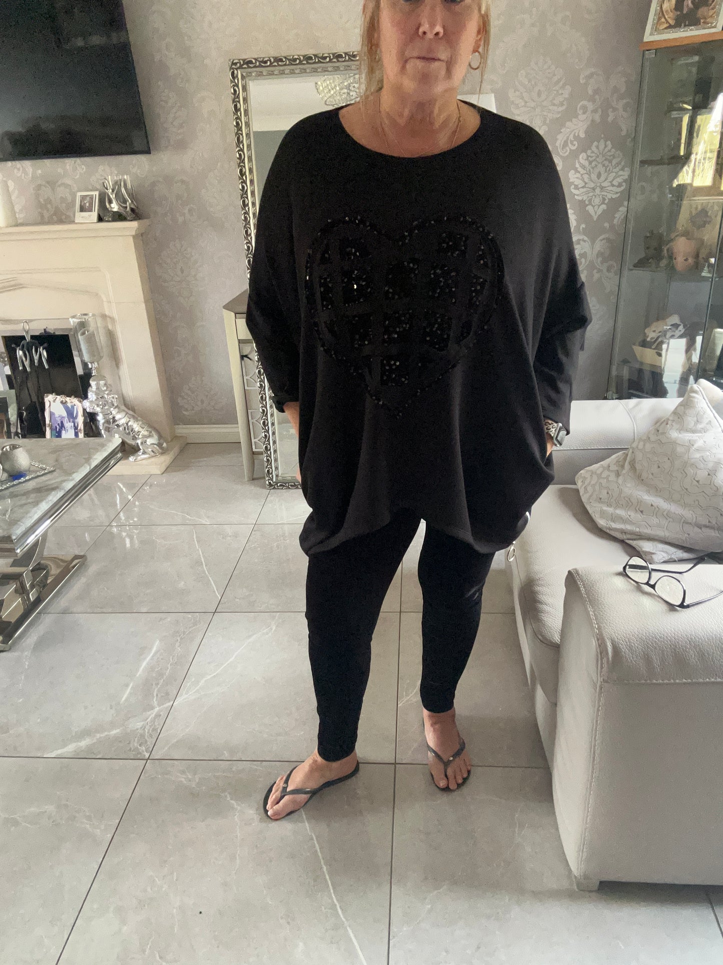 Lowan Sequin Heart Scuba Top - Festive Asymmetric Sweater