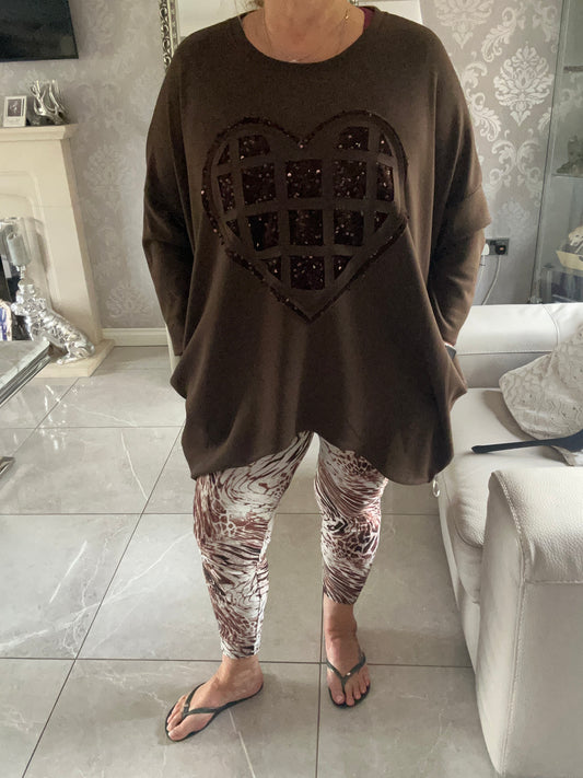 Lowan Sequin Heart Scuba Top - Festive Asymmetric Sweater