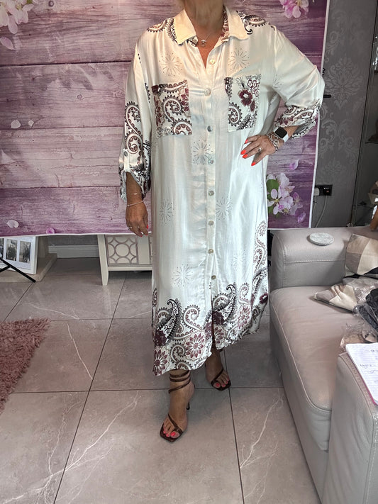 Satin print shirt dress