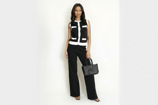 Pearl Button Ribbed Waistcoat & Wide Leg Trouser Set