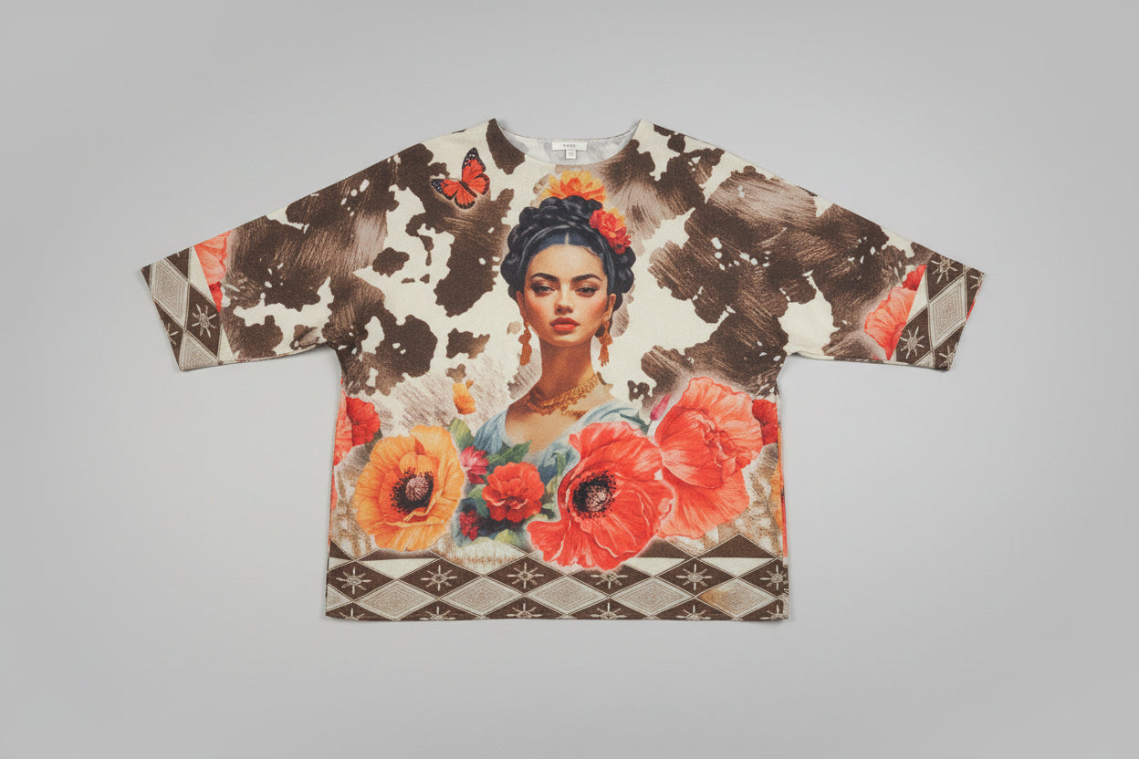 Cow print shirt with floral and portrait design on a gray background