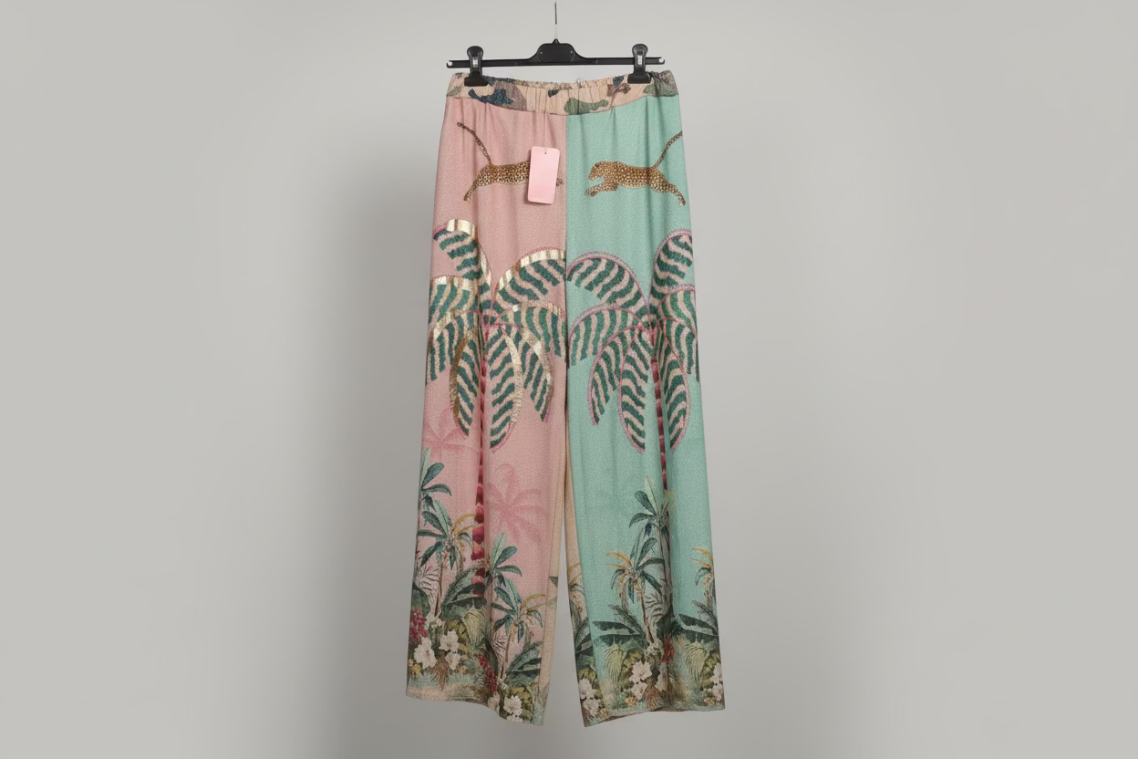 Two pairs of pants with animal and leaf patterns on a gray background