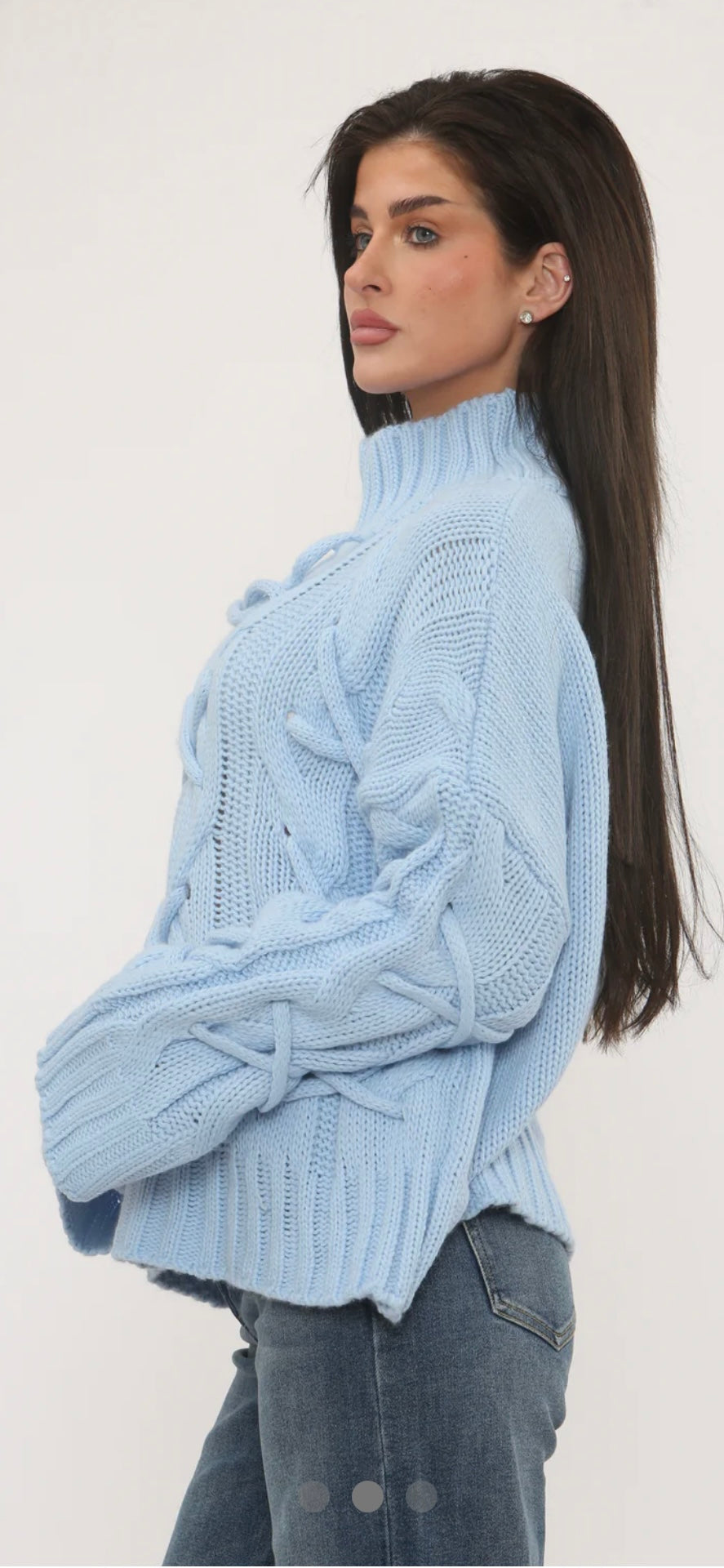 Luxury Chunky Cable Knit Jumper - Braided Sleeve Lace-Up Detail
