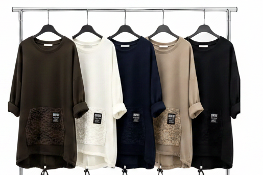 Five long-sleeve knit sweaters in dark brown, off-white, navy blue, beige, and black hang on a metal clothing rack against a white background. Each sweater features a large textured patch pocket on the front.