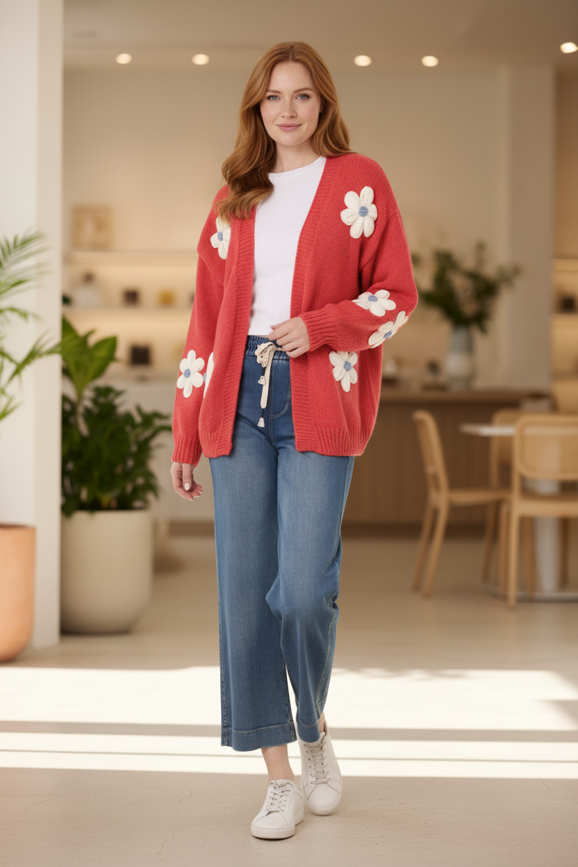 A woman modeling a coral cardigan with large white flower appliqués on the front and sleeves, paired with blue jeans and white sneakers against a plain white background.