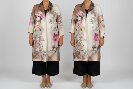 Two identical outfits with a floral and portrait design on a plain background