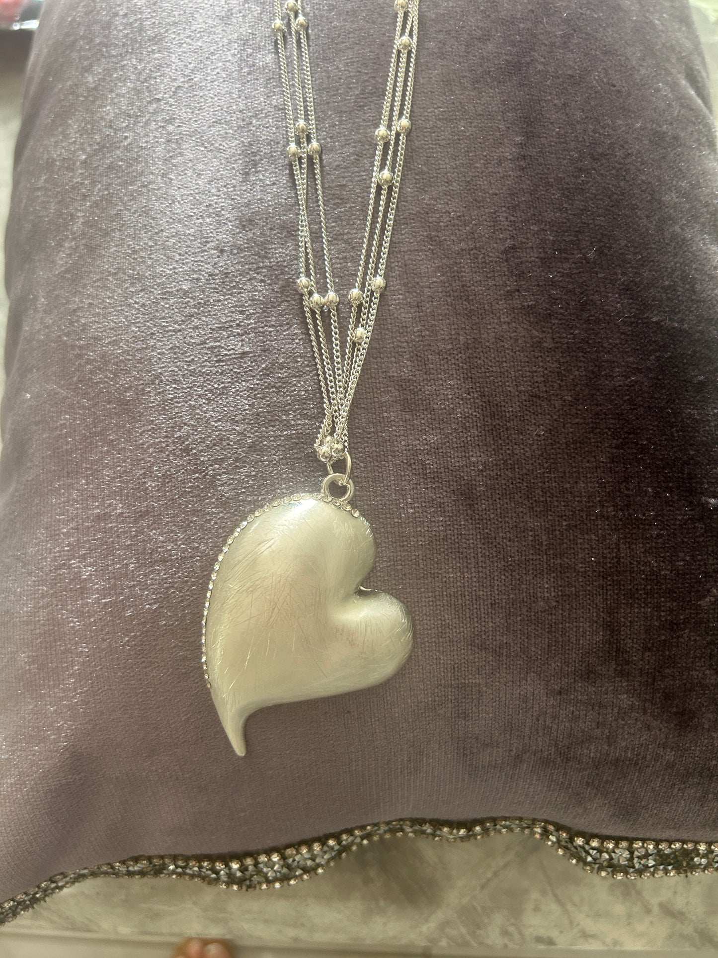 Oversized Pearlescent Heart Pendant Multi-Strand Ball Chain Necklace