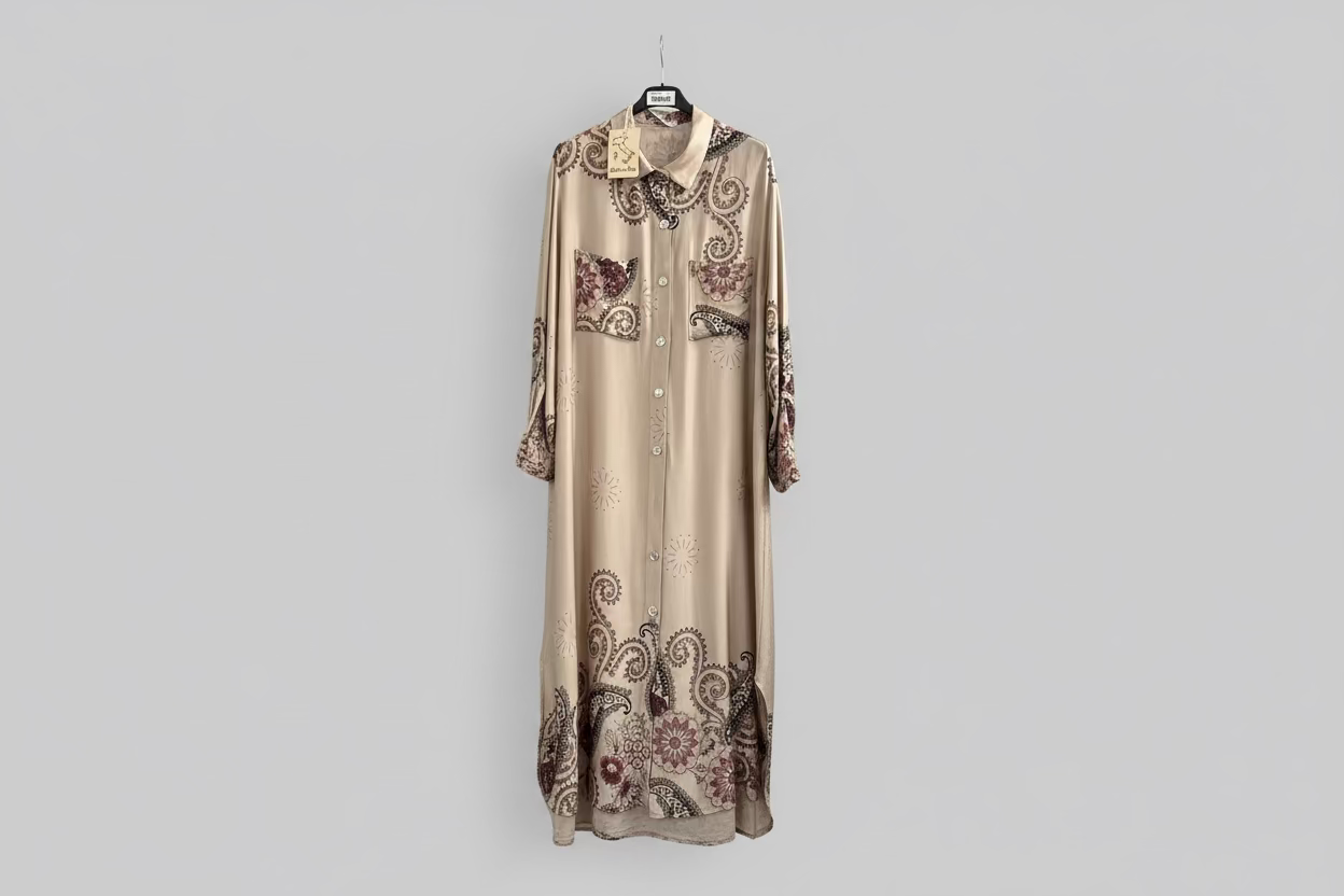 Long dress with floral patterns on a hanger against a plain background